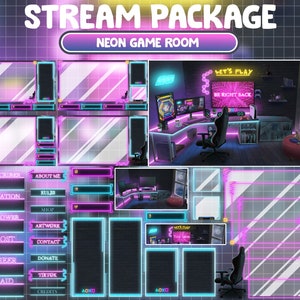ANIMATED Twitch Overlay Stream Package / Neon Blue Pink PC Setup Room / Retro Cozy Dark Gamer Play Room / Ocean Beachfront / Sleeping Dog