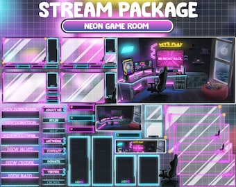 ANIMATED Twitch Overlay Stream Package / Neon Blue Pink PC Setup Room / Retro Cozy Dark Gamer Play Room / Ocean Beachfront / Sleeping Dog