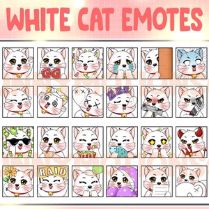 34 Twitch Discord Emotes Cute White Cat / Kawai Chibi Kitty Emoji / Kitten Sub Bit Badges / Streamer P2U Premade Pack / Pet Bundle For Mixer