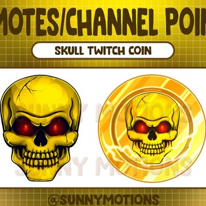 May include: A gold skull with red eyes, a white background, and the text "SKULL TWITCH COIN" above it.