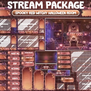 Op de afbeelding: Een digitaal stream-pakket met een spookachtig Halloween-thema. Het ontwerp heeft een rood-bruin kleurenschema met hekserij-elementen. Het pakket bevat verschillende overlay-elementen, zoals panelen voor stream-informatie en een "Be Right Back"-scherm.