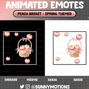 Könnte beinhalten: Animierte Emojis mit einem Korb voller rosa Pfirsiche mit einem weißen und rosa karierten Muster. Der Korb ist von kleineren rosa Pfirsichen umgeben. Die Emojis sind in vier Größen erhältlich: 500x500, 112x112, 56x56 und 28x28.