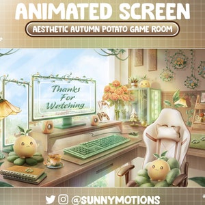 ANIMATED Stream Screen: Aesthetic Cozy Potato Twitch Overlay, Autumn Game Set Up Room, Brown Spring Morning Chrysanthemum Plant Dreamcatcher