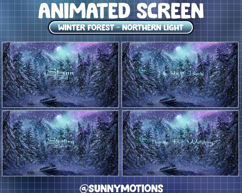 K&ouml;nnte beinhalten: Animierter Bildschirm mit einer Winterwaldszene. Der Bildschirm zeigt vier verschiedene Szenen mit Text&uuml;berlagerungen: "Stream Ended", "I'll Be Right Back", "Starting Soon", und "Thanks For Watching".