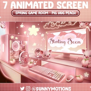 Animated Pink Peach Gaming Desk Twitch Screen Overlay, Peach Basket, Kawaii Pig Sakura, Spring Cherry Blossom Stream Scene Vtuber Background