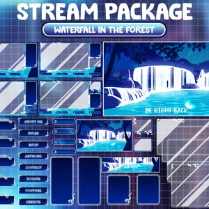 FULL ANIMATED Twitch Stream Package / Glowing Blue Waterfall In Magic Spirit Fairytale Forest / Night Spark Lake / Butterflies / Meteor Star