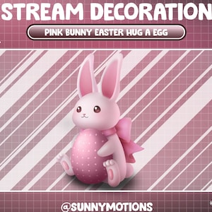 May include: Pink bunny rabbit holding a pink Easter egg with white polka dots. The bunny is wearing a pink bow. The background is a pink and white striped pattern.