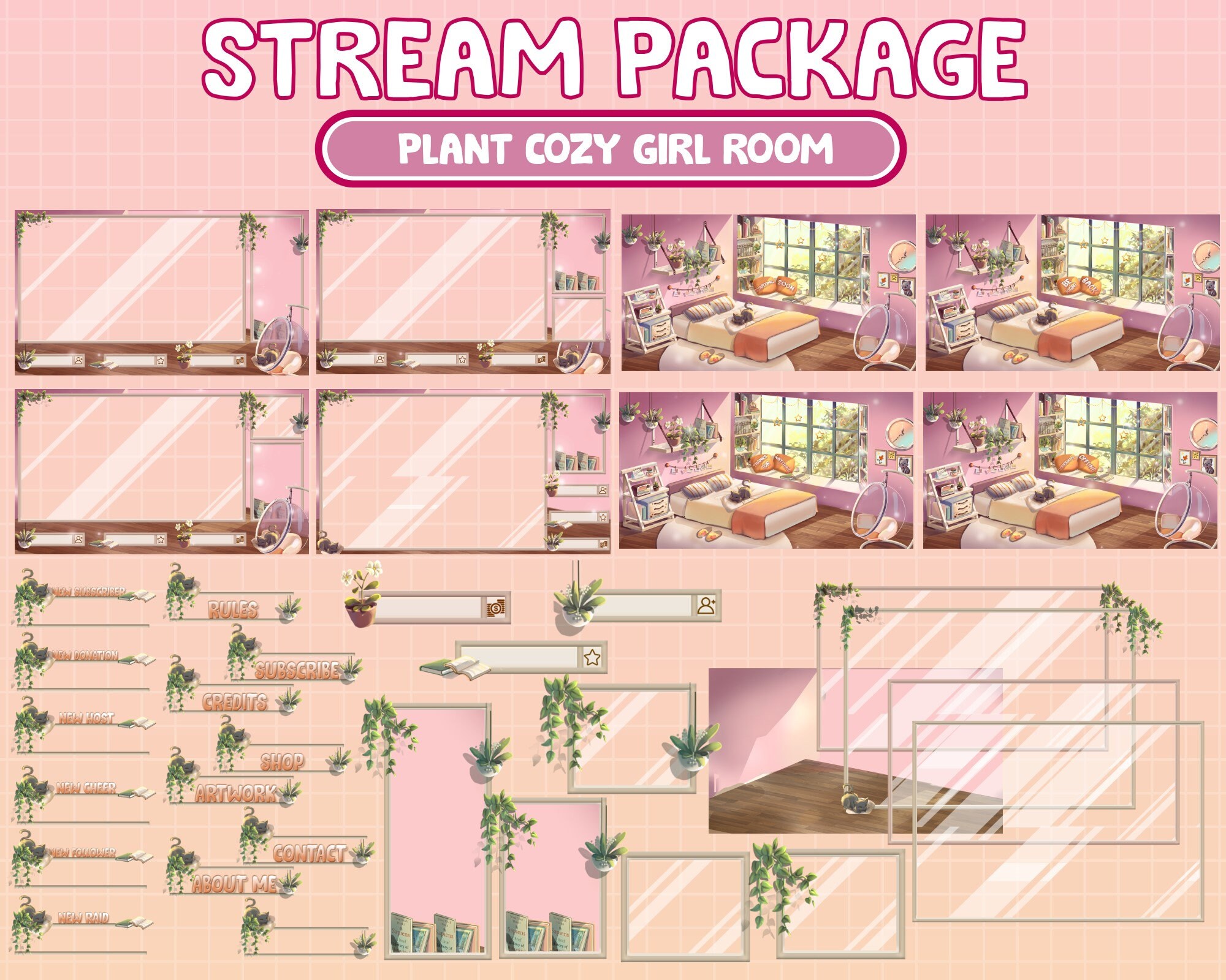 FULL ANIMATED Twitch Stream Package / Animated Love Cozy Bedroom With Black Cat Twitch Screen Overlay | Read Book Room Plant Lover Bedroom