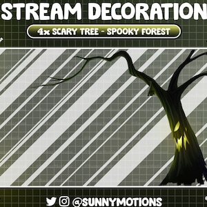 May include: A digital illustration of a spooky forest scene with a scary tree with glowing eyes. The text "4x SCARY TREE - SPOOKY FOREST" is displayed above the image. The image is on a gray and white striped background.