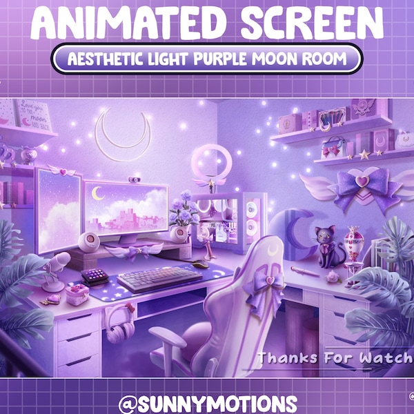 ANIMATED Twitch Stream Screen: Aesthetic Cozy Moon Girl Game Set Up Spring Room, Angle Wing, Neon Light Purple House Day, Rose, Violet Heart