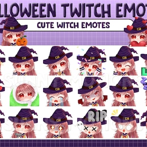 Puede incluir: Un conjunto de 16 emoticonos de Twitch de Halloween con un personaje de bruja lindo con diferentes expresiones y acciones. Los emoticonos incluyen "Rage", "Lurk", "Rip", y más.
