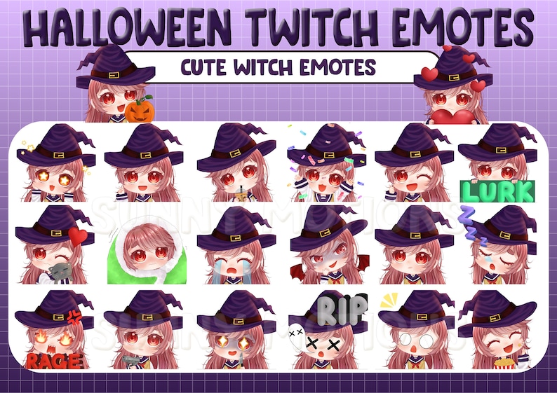 Peut inclure: Un ensemble de 16 &eacute;motic&ocirc;nes Twitch d'Halloween mettant en sc&egrave;ne un personnage de sorci&egrave;re mignon avec diff&eacute;rentes expressions et actions. Les &eacute;motic&ocirc;nes incluent "Rage", "Lurk", "Rip", et plus encore.