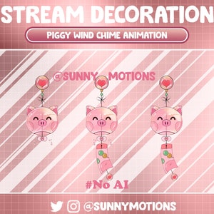 3 Animal animado de decoración de Twitch Stream: Kawaii acogedor y lindo timbre de viento de cerdito rosa, campana de viento de cerdo estética de baja fidelidad, superposición de Twitch de amor de corazón