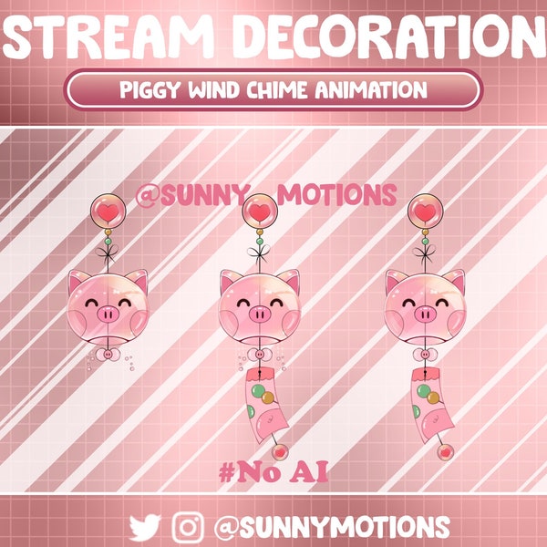 3 Animated Twitch Stream Decoration Animal: Kawaii Cozy Cute Pink Piggy Wind Chime, Lo-fi Aesthetic Pig Wind Bell, Heart Love Twitch Overlay