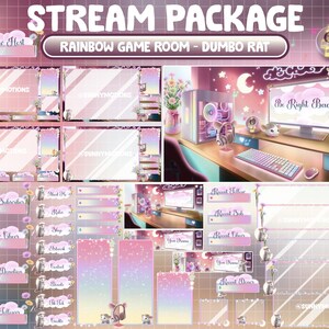 Op de afbeelding: Een Twitch-streampakket met een regenboogthema en een schattig cartoon-ratje. Het pakket bevat een verscheidenheid aan overlays, panelen en meldingen voor je stream. De overlays hebben een roze en paarse kleurschema met sterren en wolken. De panelen bevatten secties voor nieuwe abonnees, cheers, donaties en volgers. De meldingen zijn geanimeerd en bevatten een schattig cartoon-ratje.
