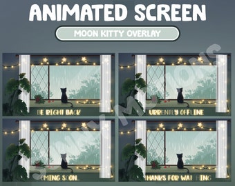 4x Animated Twitch Cute Dark Dreamy Kitty Warm House Heavy Rainy Day Screens / Animated Overlay Mint Green Overlay / Kawaii / Streamer Stars
