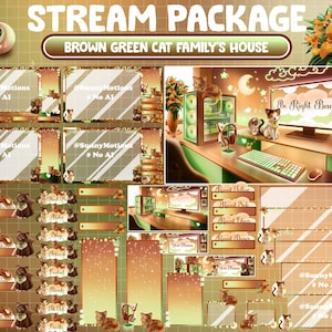 ANIMATED Twitch Overlay Stream Package: Family Cat In Cozy Warm House, Texudo, Ginger Fluffy, Tabby Kitty, Tiger Flower Room, Alerts Panels