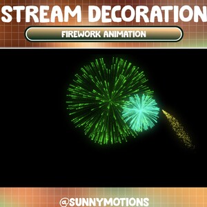 May include: Green and blue firework animation on a black background. The text "FIREWORK ANIMATION" is displayed above the animation. The text "@SUNNYMOTIONS" is displayed below the animation.