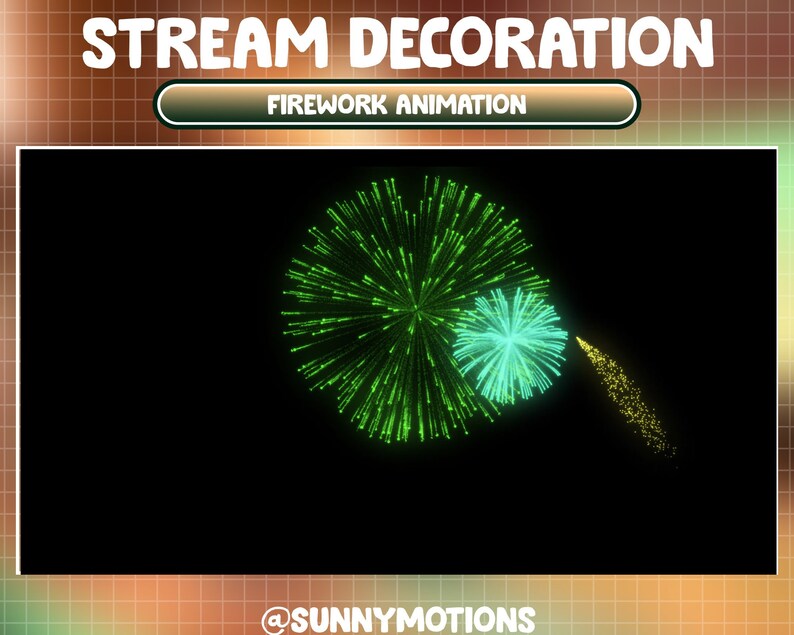 May include: Green and blue firework animation on a black background. The text "FIREWORK ANIMATION" is displayed above the animation. The text "@SUNNYMOTIONS" is displayed below the animation.