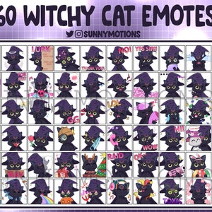 60x Cute Purple Witchy Cat Twitch Emotes Bundle, Discord, Streamer, Kawai Halloween Kitty, Meow Emoji Pack, Subscriber Loyalty Sub Bit Badge