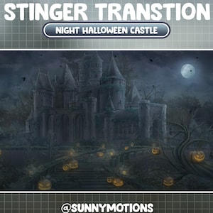 Animated Twitch Stream Stinger Transition / Night Halloween Castle / Haunted House, Witches Churches, Gothic, Spooky, Bats, Pumpkin,Skeleton