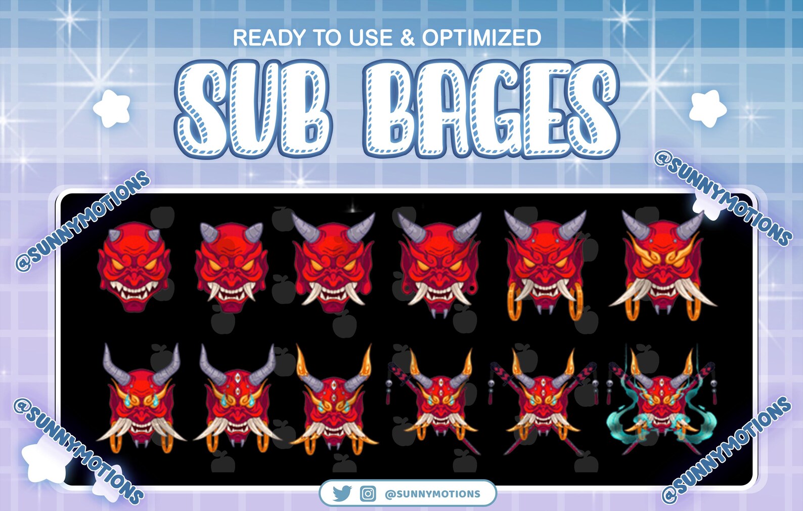 12 Oni Mask Twitch Sub Bit Badges, Kawaii Japanese Samurai, Oni Demon ...