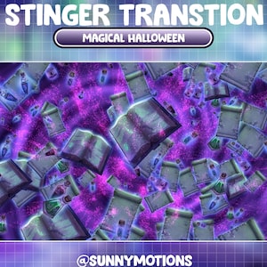May include: A digital illustration of a magical Halloween scene with a purple and blue background.  The image features a book, scrolls, and potion bottles with glowing purple and blue accents. The text "STINGER TRANSITION" and "MAGICAL HALLOWEEN" are at the top of the image. The text "@SUNNYMOTIONS" is at the bottom of the image.