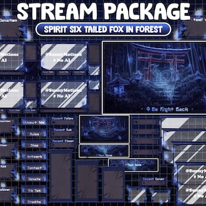 FULL ANIMATED Stream Package: Spirit 6 Tailed Fox In Dark Bamboo Forest Night, Aesthetic Torri Gate, Lo-fi Soul Flames Shrine Twitch Overlay