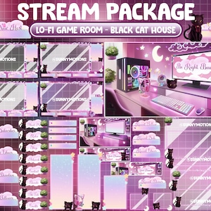 Paquete ANIMADO de transmisión de superposición de Twitch / Gato negro estético de baja fidelidad / Sala de plantas rosa retro / Acogedora sala de juegos para jugadores Kawaii / Panel de alerta de gatitos