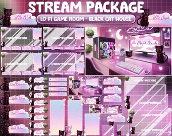 ANIMATED Twitch Overlay Stream Package / Lo-fi Aesthetic Black Cat / Retro Pink Plant Room / Cozy Kawaii Gamer Play Room / Kitty Alert Panel