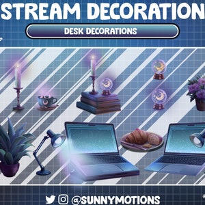 May include: A blue and white desktop background with a grid pattern. The image features a variety of desktop decorations, including two laptops, a desk lamp, a potted plant, a stack of books, candles, and crystal balls. The text "STREAM DECORATION" and "DESK DECORATIONS" is visible at the top of the image. The text "@SUNNYMOTIONS" is visible at the bottom of the image.