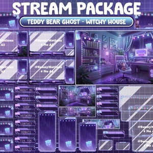 May include: A purple and pink Twitch stream package with a teddy bear ghost theme. The package includes a variety of overlays, panels, and alerts. The main image features a witchy house with a teddy bear ghost sitting in a chair. The text "Teddy Bear Ghost - Witchy House" is displayed at the top of the image.