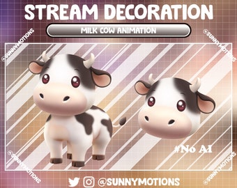 Decoración animada para stream: Peluche de vaca lechera estética y adorable, Overlay kawaii para Twitch para amantes de la leche, Alerta de vaca de Black White Head