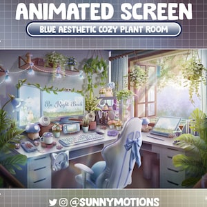 May include: A blue and white computer desk with a gaming chair, a computer monitor with the text "Be Right Back" on the screen, and a variety of plants. The desk is decorated with fairy lights and other decorative items.