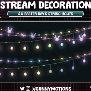 May include: Four strings of pastel coloured Easter bunny lights with a black and white grid background. The text "4X EASTER DAY'S STRING LIGHTS" is at the top of the image.