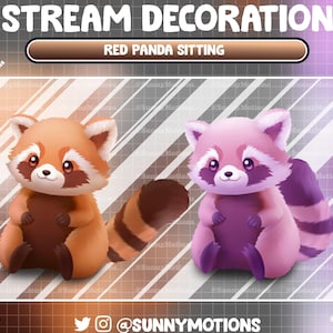 Puede incluir: Dos ilustraciones de pandas rojos, uno con pelaje naranja y el otro con pelaje morado, están sentados con las patas cruzadas. Ambos pandas rojos tienen marcas negras y blancas alrededor de los ojos y las orejas. El texto "STREAM DECORATION" y "RED PANDA SITTING" está por encima de las ilustraciones.