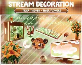 Décoration animée de ruisseau : thème confortable orange vert fleurs de tigre, superposition Twitch clair de lune, souris informatique, superposition Twitch / accessoire Vtuber