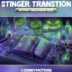 May include: A spooky Halloween desk scene with a green glowing book, a skull, candles, and potion bottles. The text "Spooky Halloween Desk" is on a white banner.