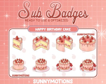 8 Happy Birthday Strawberry Cake Twitch Sub Bit Badges / Kawaii Cute Sweeties Cookies / Yummy Food Badges For Streamers / Discord Youtube