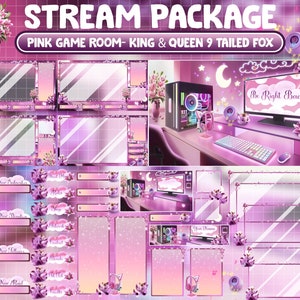 ANIMATED Twitch Overlay Stream Package / Lo-fi Aesthetic Lily Flower / Cozy Kawaii Gamer Room / King - Queen Nine Tailed Fox / Crown&#39;s Fox