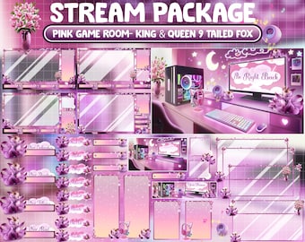 ANIMATED Stream Package: King Pink Nine Tailed Fox n Game Room Twitch Overlay, Lily Flower, Queen, Crescent Moon, Star  Cloud Crown, Kitsune