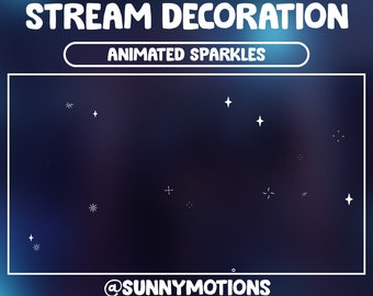 Puede incluir: Destellos animados sobre un fondo azul oscuro con el texto "STREAM DECORATION ANIMATED SPARKLES" en la parte superior y "@SUNNYMOTIONS" en la parte inferior.