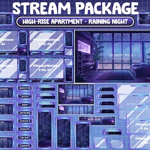 Peut inclure: Un pack de diffusion Twitch sur le thème d'un appartement en hauteur. L'image de fond montre une pièce avec une grande fenêtre donnant sur une ville de nuit. La pièce est décorée de plantes et de meubles. Le pack comprend divers superpositions, tels qu'une alerte de nouveau abonné, une alerte de nouveau follower, une alerte de nouveau don, une alerte de nouveau cheer, une alerte de nouveau raid, une alerte de follower récent, une alerte de cheer récent, une alerte de donateur récent, une alerte de retour bientôt, et une alerte de nouveau hôte. Le pack comprend également un ensemble de panneaux pour à propos de moi, règles, boutique, œuvres d'art, contact, don, TikTok, et crédits. Le pack est conçu dans un schéma de couleurs bleu et violet avec une esthétique futuriste. Le texte "@SunnyMotions #No AI" apparaît sur plusieurs des superpositions.