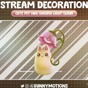 Puede incluir: Un lindo gato de dibujos animados con orejas rosas y una flor rosa en la cabeza. El gato sostiene una vid verde con una flor rosa en el extremo. El fondo es un patrón de cuadrícula con el texto "STREAM DECORATION" y "CUTE PET HUG SAKURA LIGHT CHAIN" en la parte superior.