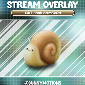 Puede incluir: Un caracol de dibujos animados lindo con una concha marrón y un cuerpo amarillo. El caracol está sobre un fondo a cuadros verde y blanco. El texto "STREAM OVERLAY" está en la parte superior de la imagen, y el texto "CUTE SNAIL ANIMATION" está en un rectángulo marrón debajo.