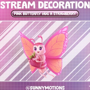 Animated Stream Decoration: Pink Orange Butterfly Hug A Strawberry Flying Twitch Overlay, Fairy Angle Wings, Magical Butterflies Alert Scene