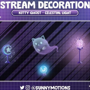 Animated Stream Decoration: Aesthetic Kitty Ghost, Scary Cat, Crescent Light, Moon Snow Globe, Lotus Light Lover Desk Add-on Twitch Overlay