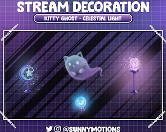 Animated Stream Decoration: Aesthetic Kitty Ghost, Scary Cat, Crescent Light, Moon Snow Globe, Lotus Light Lover Desk Add-on Twitch Overlay