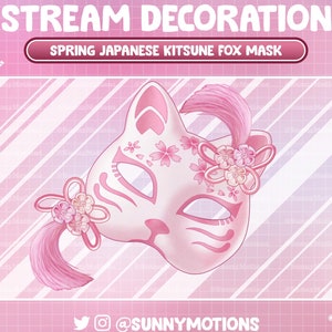 Animated Stream Decoration: Kawaii Spring Japanese Kitsune Fox Mask Twitch Overlay, Sakura Flower, Aesthetic Spirit Fox Shrine Vtuber-Assets