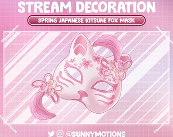 Animated Stream Decoration: Kawaii Spring Japanese Kitsune Fox Mask Twitch Overlay, Sakura Flower, Aesthetic Spirit Fox Shrine Vtuber-Assets